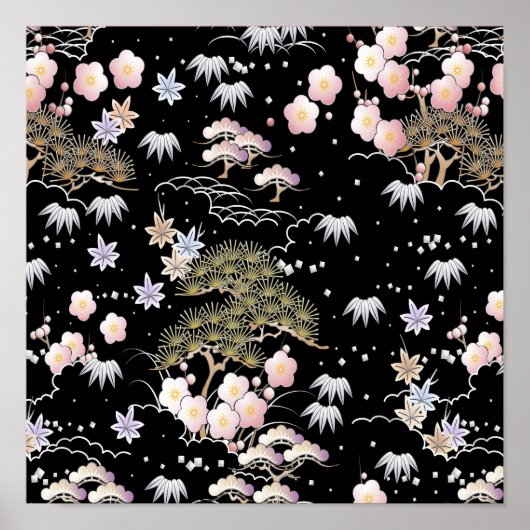 Black Pink Cherry Blossom Elegantes Blumenmuster Poster (Vorne)