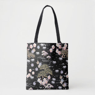 Black Pink Cherry Blossom Elegantes Blumenmuster Tasche