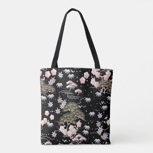Black Pink Cherry Blossom Elegantes Blumenmuster Tasche (Rückseite)