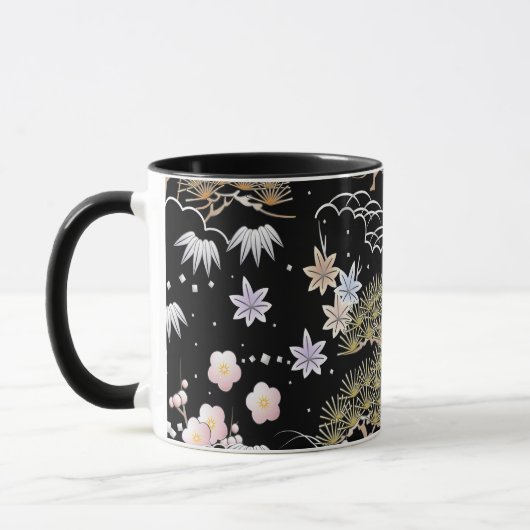 Black Pink Cherry Blossom Elegantes Blumenmuster Tasse (Links)
