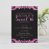 Black & Pink Damask Chic Elegant Sweet 16 Party Einladung (Stehend Vorderseite)