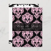 Black & Pink Damask Chic Wedding Save the Date Ankündigungspostkarte (Vorne/Hinten)