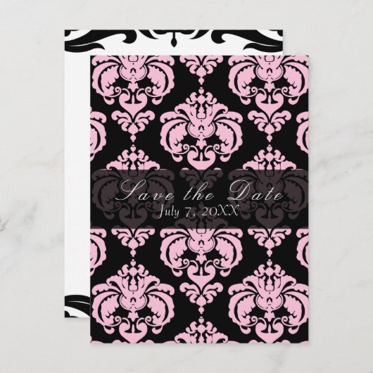Black & Pink Damask Chic Wedding Save the Date Ankündigungspostkarte (Vorne/Hinten)