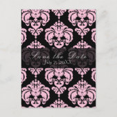 Black & Pink Damask Chic Wedding Save the Date Ankündigungspostkarte (Vorderseite)