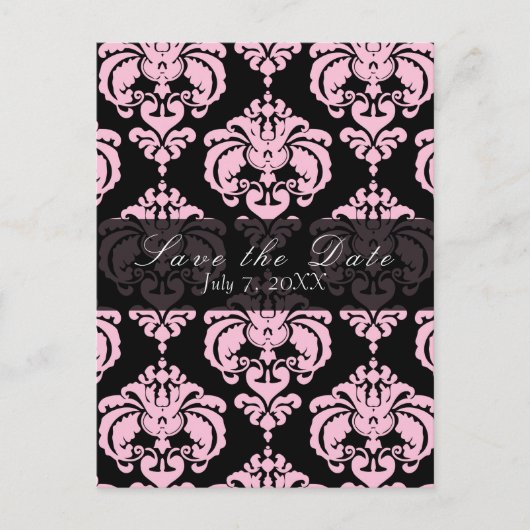 Black & Pink Damask Chic Wedding Save the Date Ankündigungspostkarte (Vorderseite)