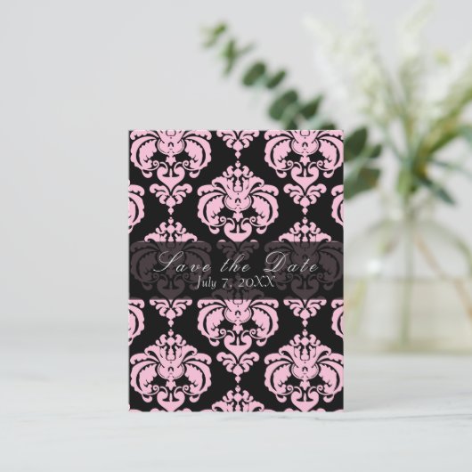 Black & Pink Damask Chic Wedding Save the Date Ankündigungspostkarte (Stehend Vorderseite)