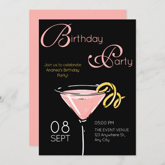 Black pink fancy cocktail birthday einladung (Vorne/Hinten)