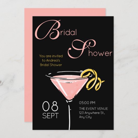 Black pink fancy cocktail bridal shower einladung (Vorne/Hinten)