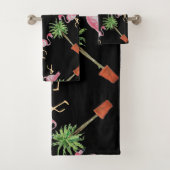 Black Pink Flamingo Flamingos Palm Tree Bath Badhandtuch Set (Insitu)
