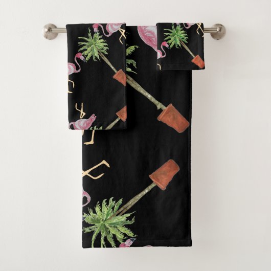 Black Pink Flamingo Flamingos Palm Tree Bath Badhandtuch Set (Insitu)