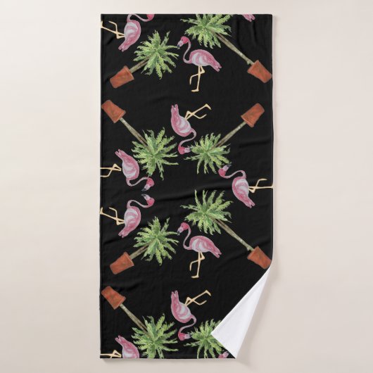Black Pink Flamingo Flamingos Palm Tree Bath Badhandtuch Set (Badehandtuch)