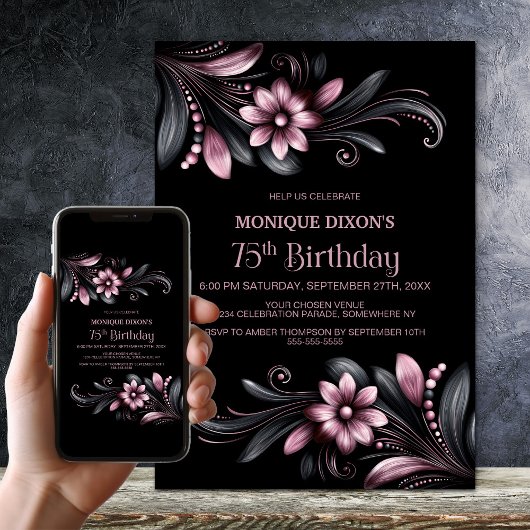 Black Pink Floral 75th Birthday Party Einladung