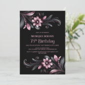 Black Pink Floral 75th Birthday Party Einladung (Stehend Vorderseite)