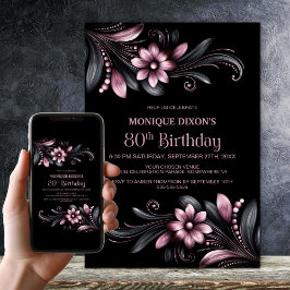 Black Pink Floral 80th Birthday Party Einladung