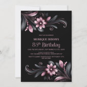 Black Pink Floral 85th Birthday Party Einladung (Vorderseite)