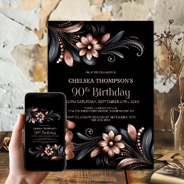 Black Pink Floral 90th Birthday Party Einladung