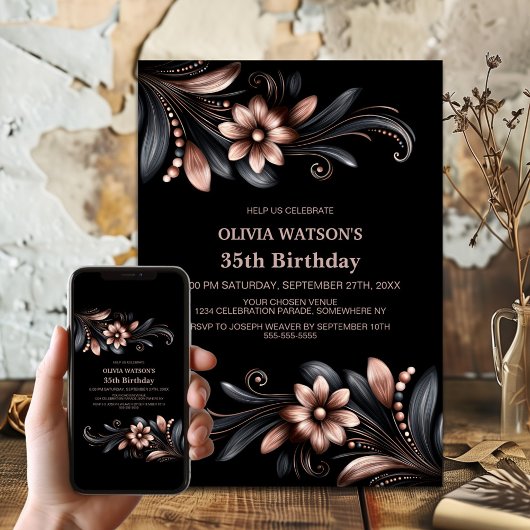 Black Pink Floral Birthday Party Einladung