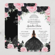 Black Pink Floral Princess Gown Silver Quinceañera