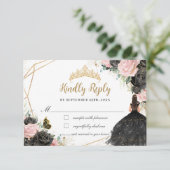 Black Pink Floral Princess Kleid Quinceañera Antwo RSVP Karte (Stehend Vorderseite)