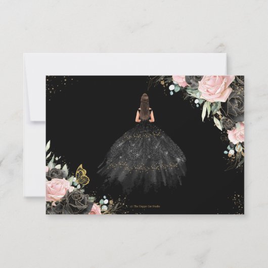 Black Pink Floral Princess Kleid Quinceañera Antwo RSVP Karte (Rückseite)