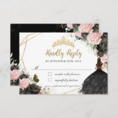 Black Pink Floral Princess Kleid Quinceañera Antwo RSVP Karte (Vorne/Hinten)