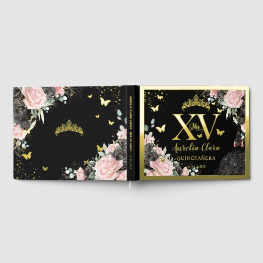 Black Pink Floral Quinceañera Quince 15 XV Gold Gästebuch (Voll)