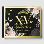 Black Pink Floral Quinceañera Quince 15 XV Gold Gästebuch (Vorderseite)