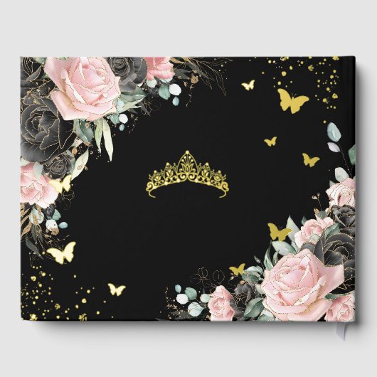 Black Pink Floral Quinceañera Quince 15 XV Gold Gästebuch (Rückseite)