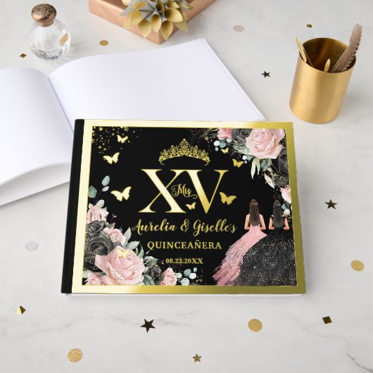 Black Pink Floral Quinceanera Quince 15 XV Twins Gästebuch (Vorderseite offen)