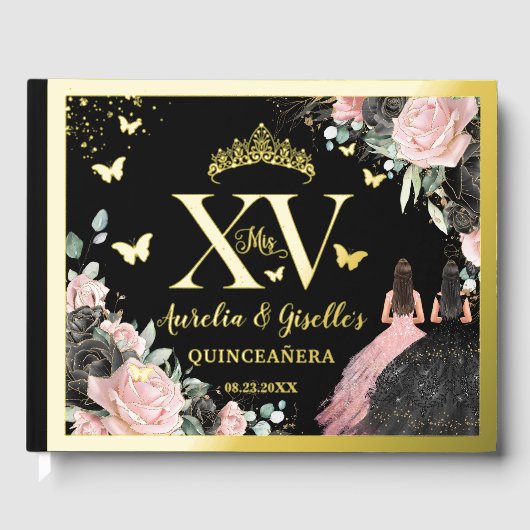 Black Pink Floral Quinceanera Quince 15 XV Twins Gästebuch (Vorderseite)