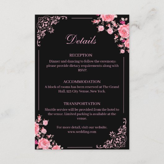 Black & Pink Floral Wedding Enclosure Card Begleitkarte (Vorderseite)