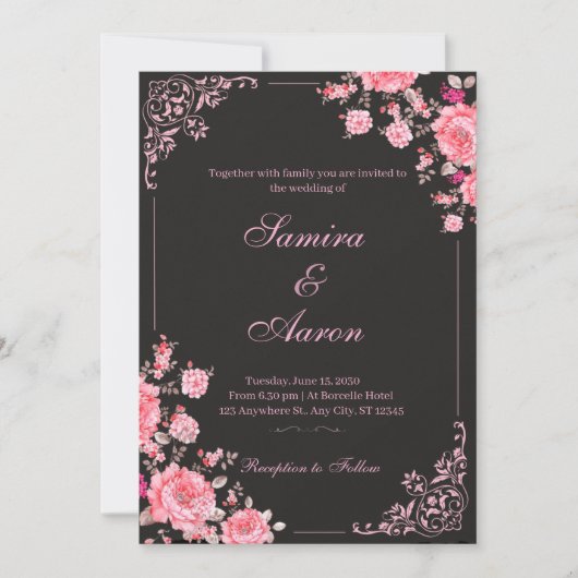 Black & Pink Floral Wedding Invitation Einladung (Vorderseite)