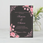 Black & Pink Floral Wedding Invitation Einladung (Stehend Vorderseite)
