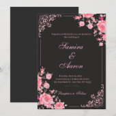 Black & Pink Floral Wedding Invitation Einladung (Vorne/Hinten)