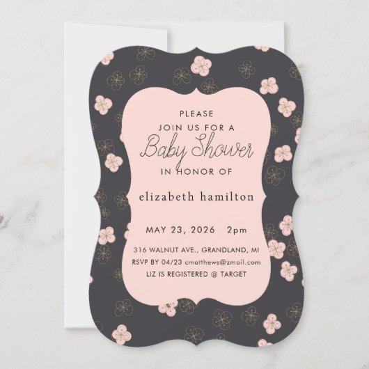 Black & Pink Flowers Baby Shower Invitation Einladung (Vorderseite)