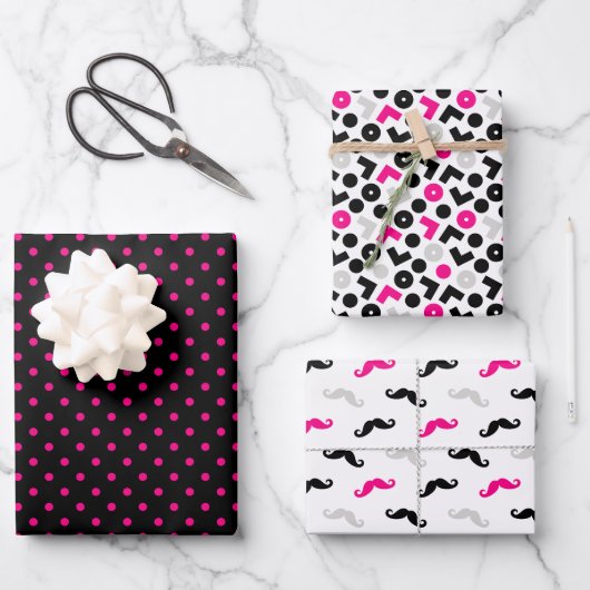Black Pink Geometry Polka Dots Mustache Geschenkpapier Set (Vorderseite)