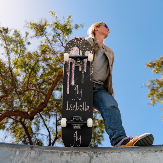 Black Pink Glitzer Girly Sparkle Personalisierter  Skateboard (Außenbereich 1)