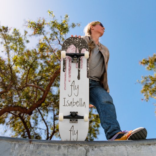 Black Pink Glitzer Girly Sparkle Personalisierter Skateboard (Außenbereich 1)