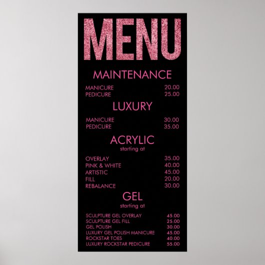 Black & Pink Glitzer Salon Menü Wall Poster (Vorne)