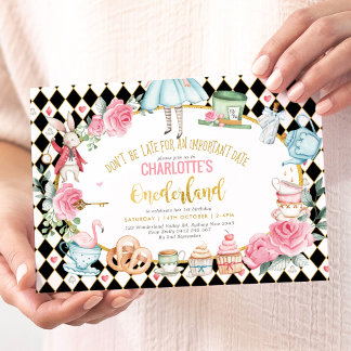 Black Pink Gold Alice in Onederland Birthday Tee Einladung