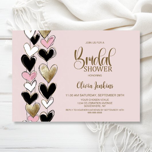 Black Pink Gold Hearts Bridal Shower Einladung