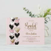 Black Pink Gold Hearts Bridal Shower Einladung (Stehend Vorderseite)