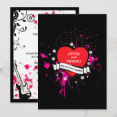 Black & Pink Grungy Heart Music Themed Wedding Einladung (Vorne/Hinten)