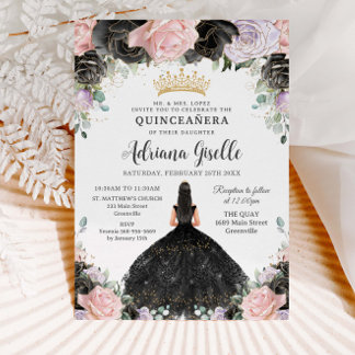 Black Pink Lila Floral Gold Quinceanera Sweet 16 Einladung