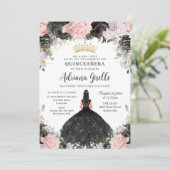 Black Pink Lila Floral Gold Quinceanera Sweet 16 Einladung (Stehend Vorderseite)