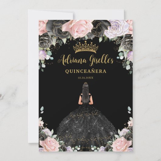 Black Pink Lila Floral Gold Quinceanera Sweet 16 Einladung (Rückseite)