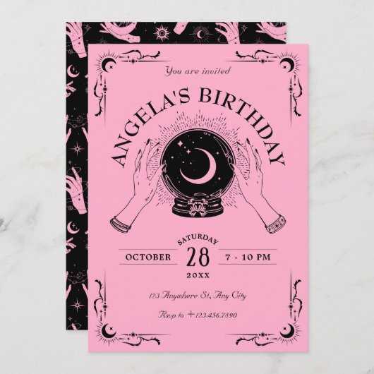 Black Pink Magic Mondkristall Geburtstag Einladung (Vorne/Hinten)