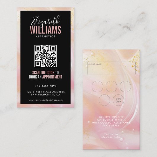 Black Pink Marble Beauty Salon QR Code Loyalität & Visitenkarte (Vorne/Hinten)