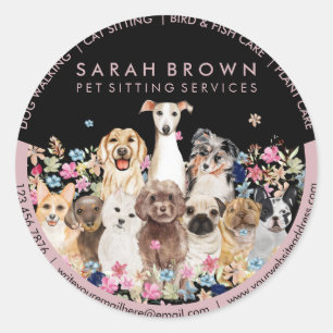 Black Pink Pet Sitting Boutique Florale Hunde Runder Aufkleber