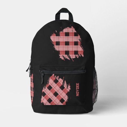 Black, Pink Plaid Patches, Name Bedruckter Rucksack (Vorderseite)
